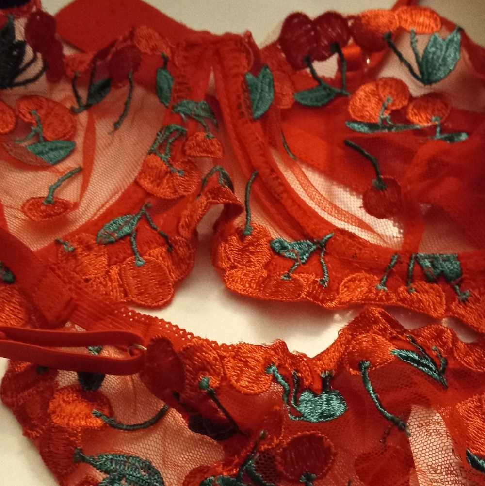New,red sheer mesh cherries  embroidered underwire bra & thong lingerie size med - Picture 11 of 13